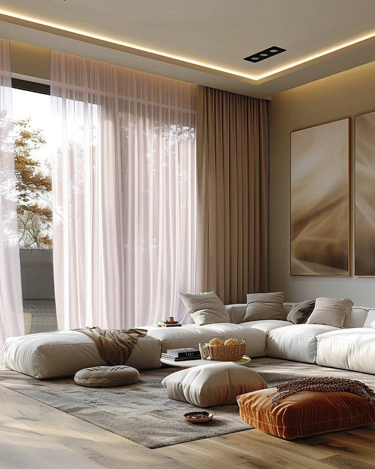 Elegant living room with floor-to-ceiling custom drapery: sheer curtains paired with Quinn Blackout Velvet Custom Curtains.