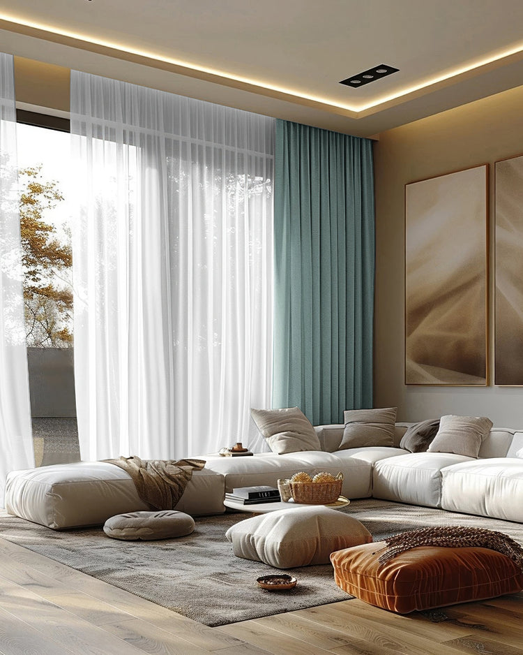 Stylish living room with a large window displaying custom teal heavyweight velvet blackout curtains paired with white sheer drapery.