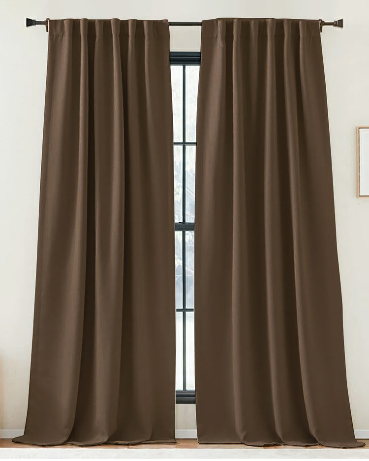 Elegant pair of chocolate brown custom linen look curtains, showcasing soft folds & tailored drapery for sophisticated window treatments.