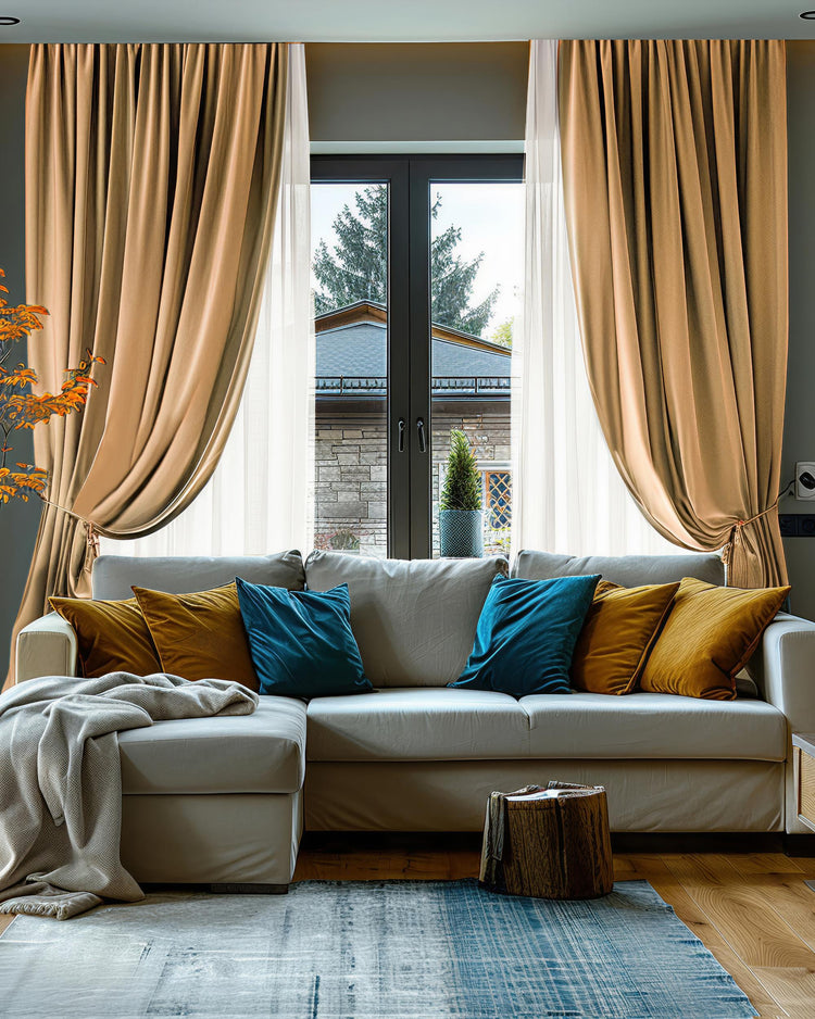 Sophisticated living room with tan Cronin custom blackout linen-look drapery, tied back for light control and enhanced privacy.
