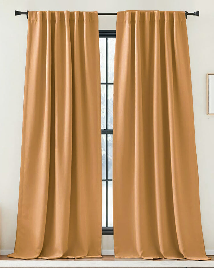 Zoe Linen Look custom drapery panels in soft gold, featuring a rod pocket header for tailored home decor.
