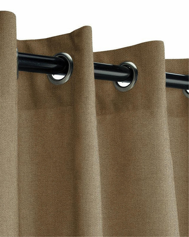 Brown textured custom outdoor curtain fabric detail with metal grommet header. Fade-resistant & waterproof custom drapery.