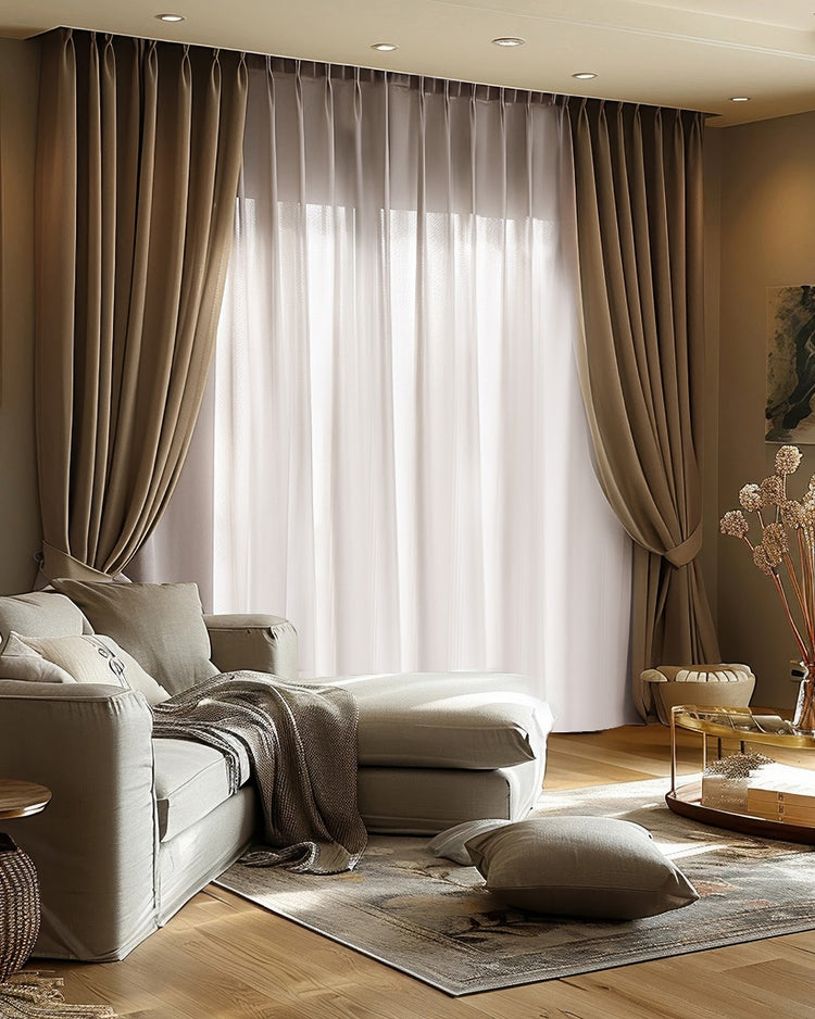 Custom brown blackout velvet pinch pleat curtains & white sheer drapery in a sunlit living room, offering light control & privacy.