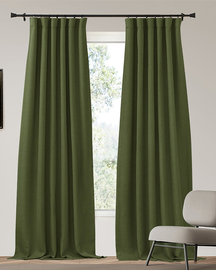 Zoe custom olive green linen-look blackout curtains. Heavyweight, providing thermal & soundproof privacy over a window.