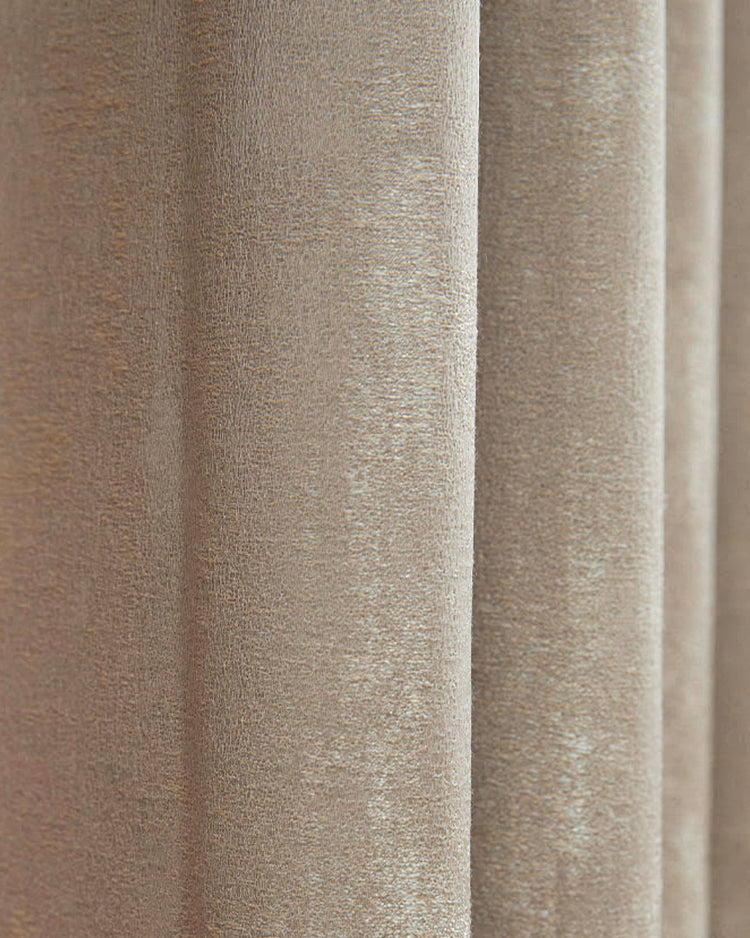 Close-up of Glimmer Linen Blend lightweight textured custom curtain fabric, showing its intricate weave and soft drape.