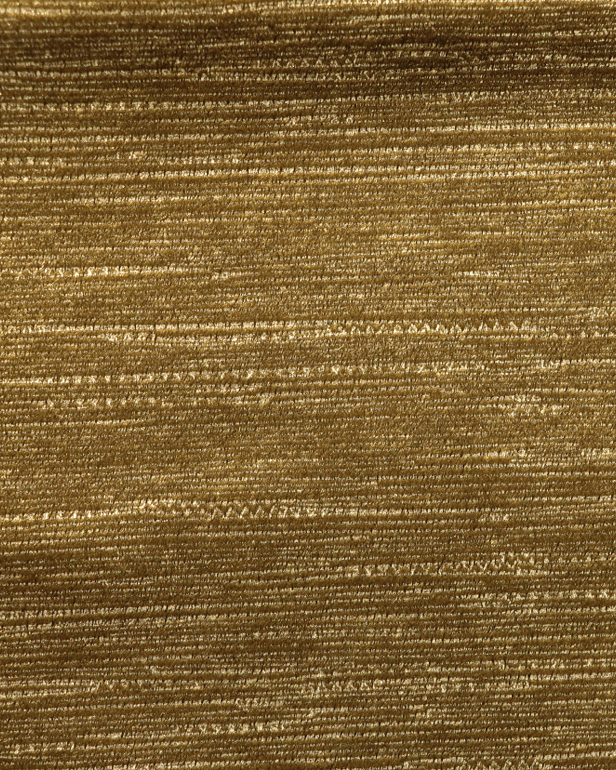 Close-up of golden Rome Foil Printed Velvet fabric with subtle shimmering horizontal texture for custom luxury drapery and window treatments.