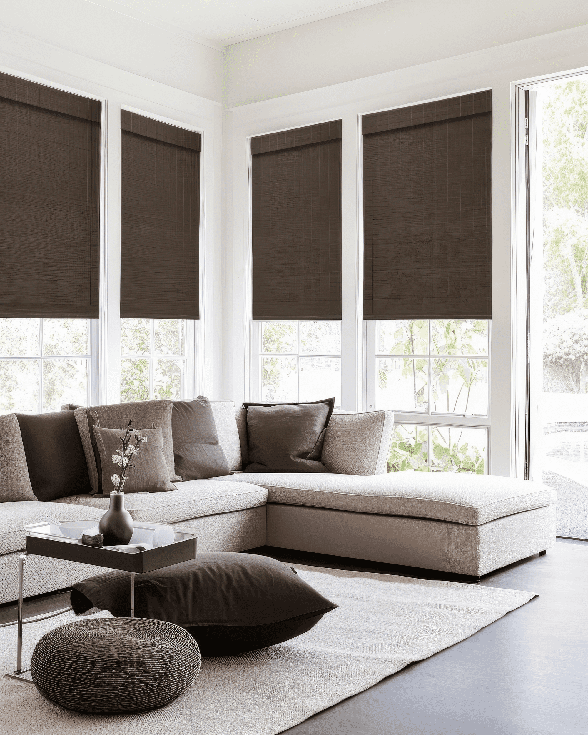 Modern living room featuring Bark Hana Bamboo Motorized Woven Shades on multiple windows, providing tailored privacy and elegant light control.