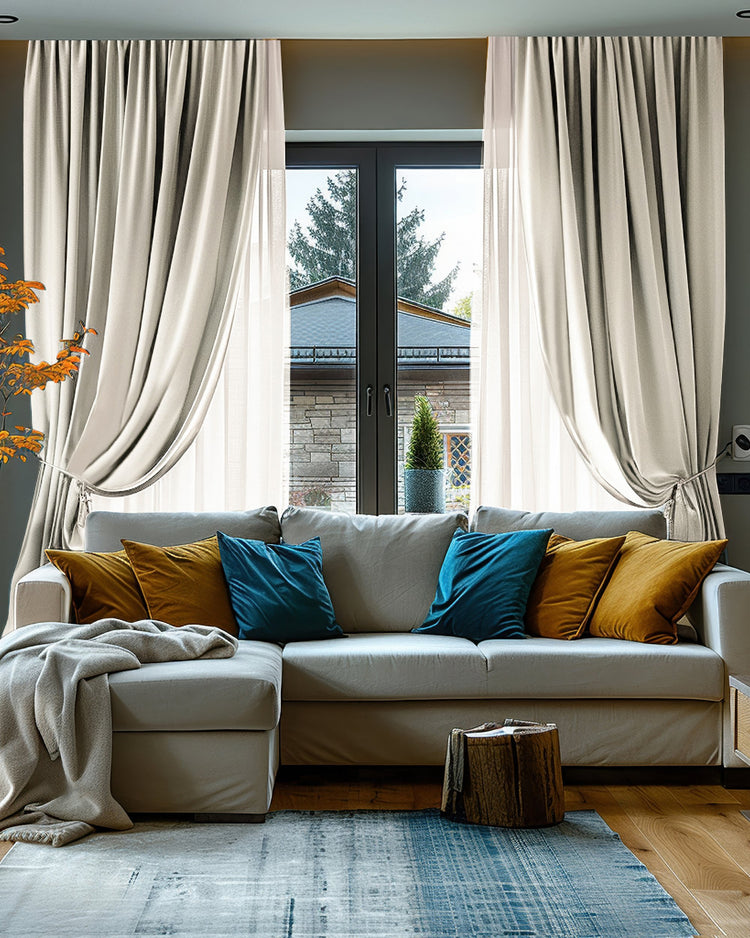 Light neutral Cronin linen look 100% blackout custom drapery tied back, showcasing soundproof & thermal benefits in a cozy living room.