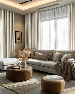 Elegant living room featuring Victoria 100% blackout linen-look custom curtains, creating a luxurious, heavyweight drape for privacy.
