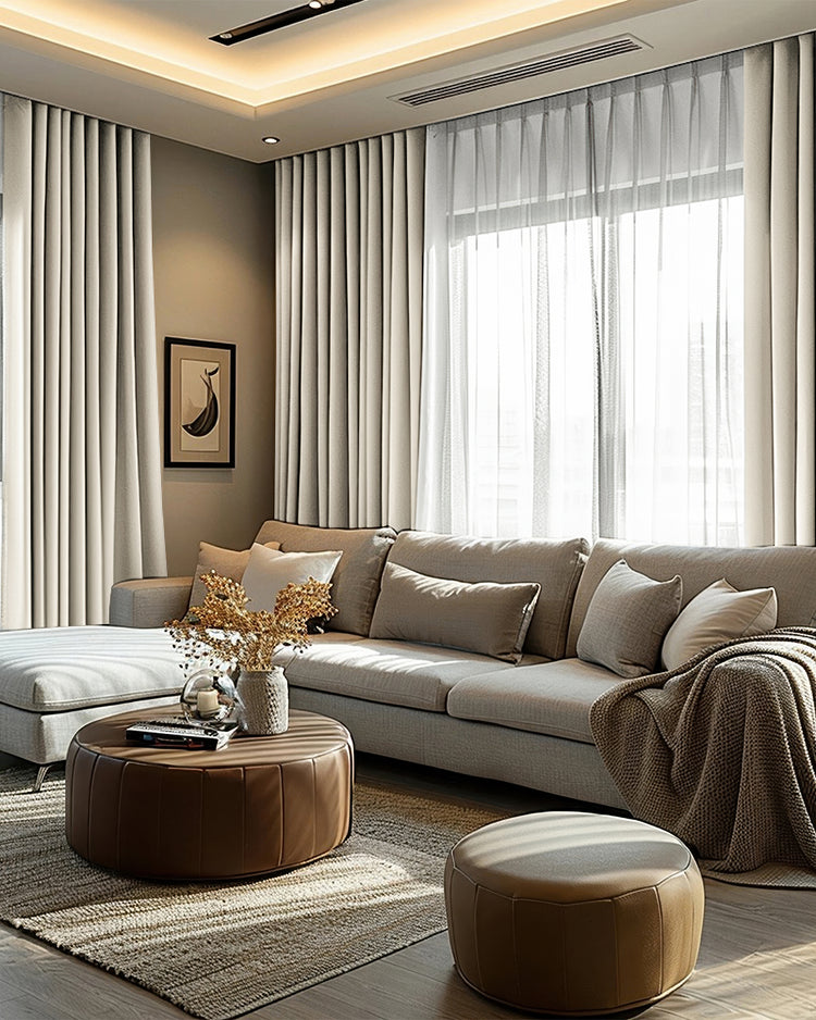 Elegant living room featuring Victoria 100% blackout linen-look custom curtains, creating a luxurious, heavyweight drape for privacy.