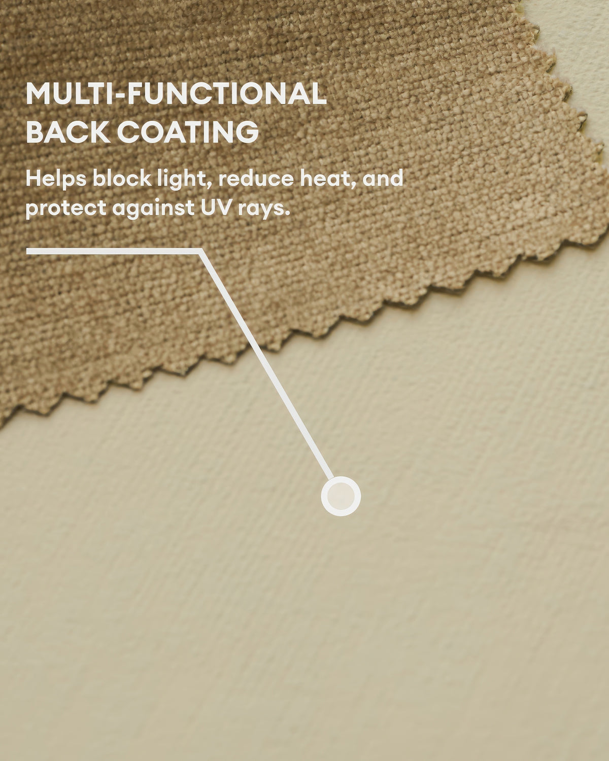 Close-up of Quinn heavyweight velvet custom curtain fabric showing the multi-functional back coating for 100% blackout, heat, and UV protection.