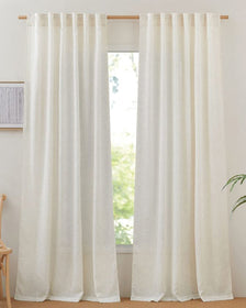Made-to-measure Chloe sheer curtains, linen look burlap texture in light cream, enhancing privacy & natural light.