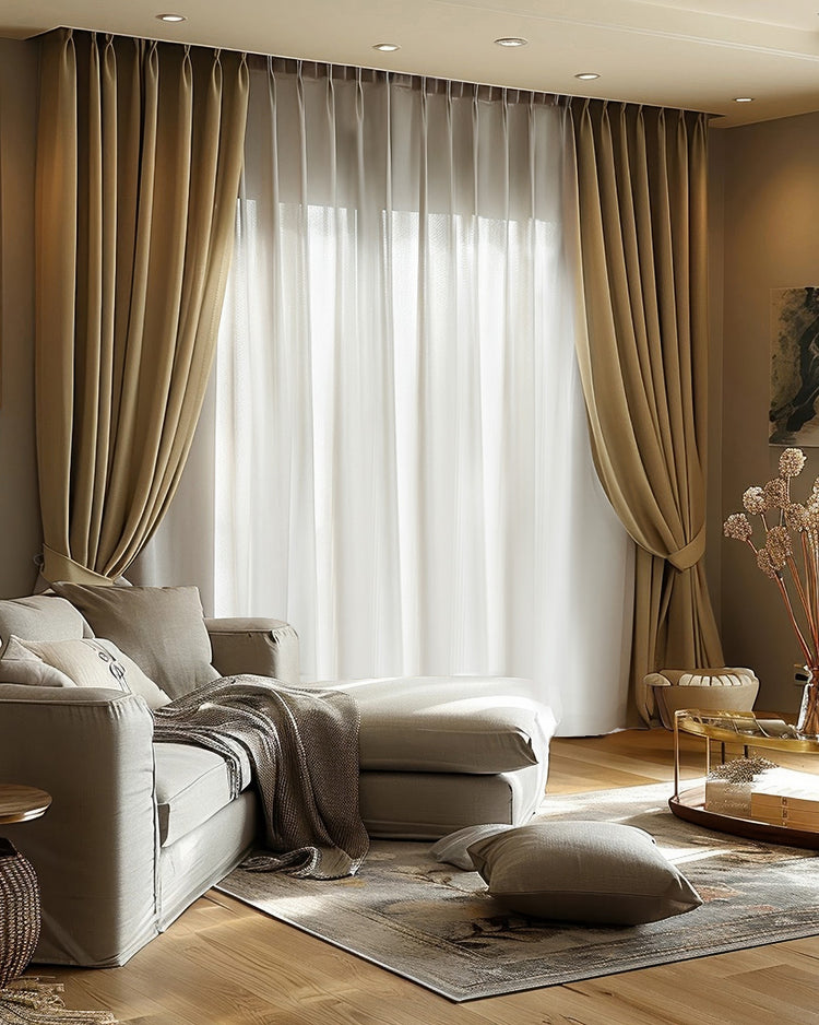 Sophisticated living room with custom camel blackout velvet curtains tied back over white sheer drapery for versatile light control.