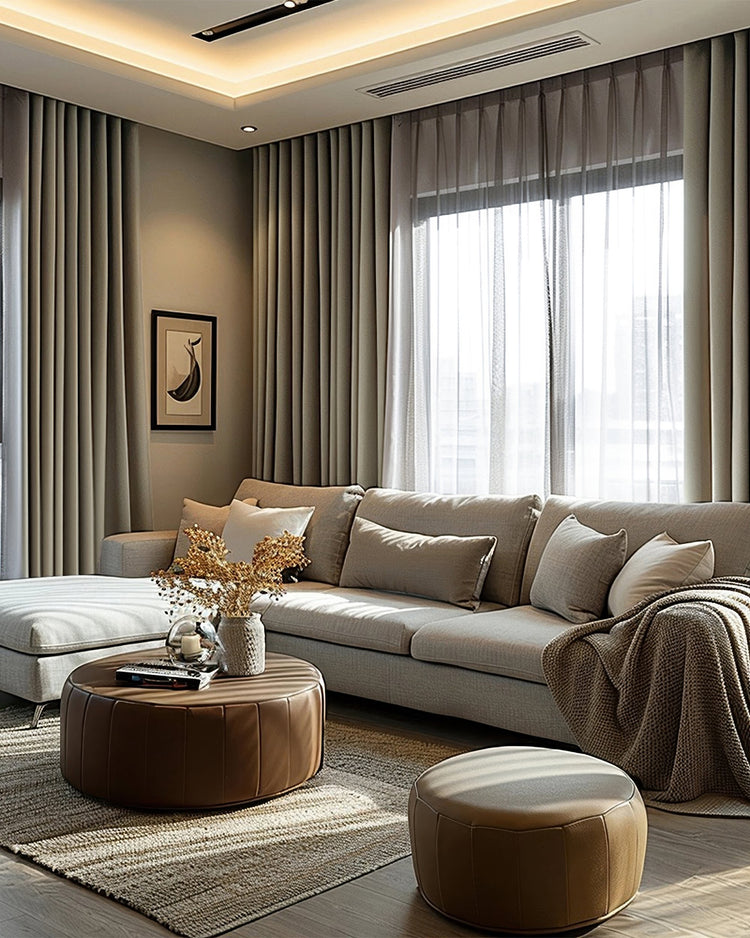 Elegant living room with custom Victoria OEKO heavyweight 100% blackout linen curtains, layered with sheers for privacy.