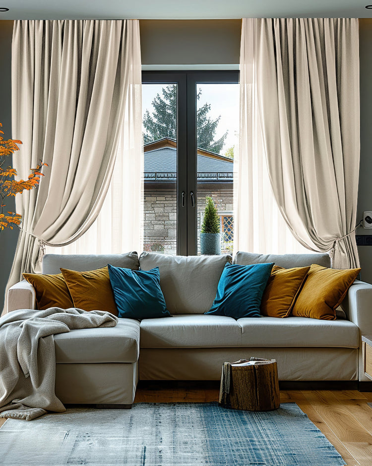 Custom light beige linen look 100% blackout curtains tied back, enhancing a modern living room's privacy and thermal control.