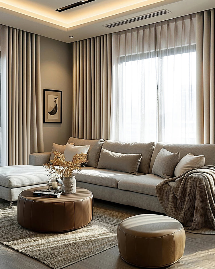 Victoria 100% blackout linen custom curtains & sheer drapery in a refined living room, providing privacy & light control.