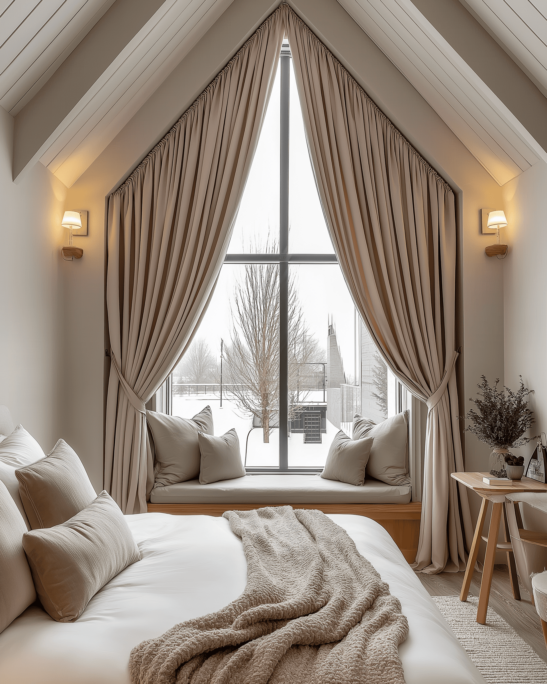 Custom-fit taupe drapery for a triangular specialty window with a window seat, providing tailored light control in a cozy bedroom.