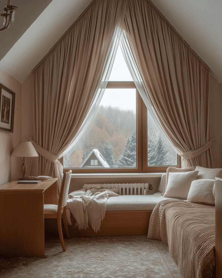 Tailored beige custom drapery for triangular specialty windows, enhancing light control & privacy in a cozy bedroom.