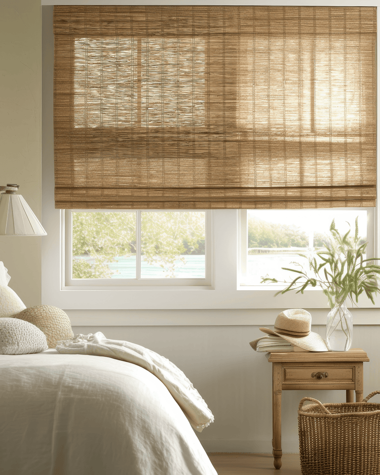 Straw Rumi Jute Motorized Woven Shade in a bright bedroom, showcasing its natural texture, filtering light above a lake view.