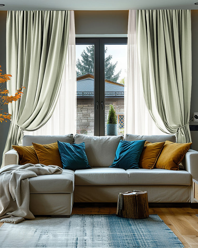 Pale sage Cronin linen look heavyweight blackout custom curtains, tied back. Thermal & soundproof window treatments in a modern living room.