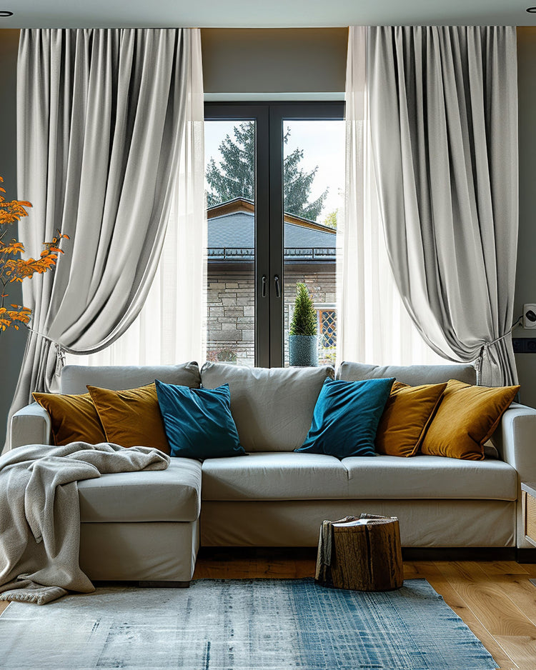 Custom light grey Cronin 4-layer linen look heavyweight soundproof thermal blackout drapery tied back in a sophisticated living room.