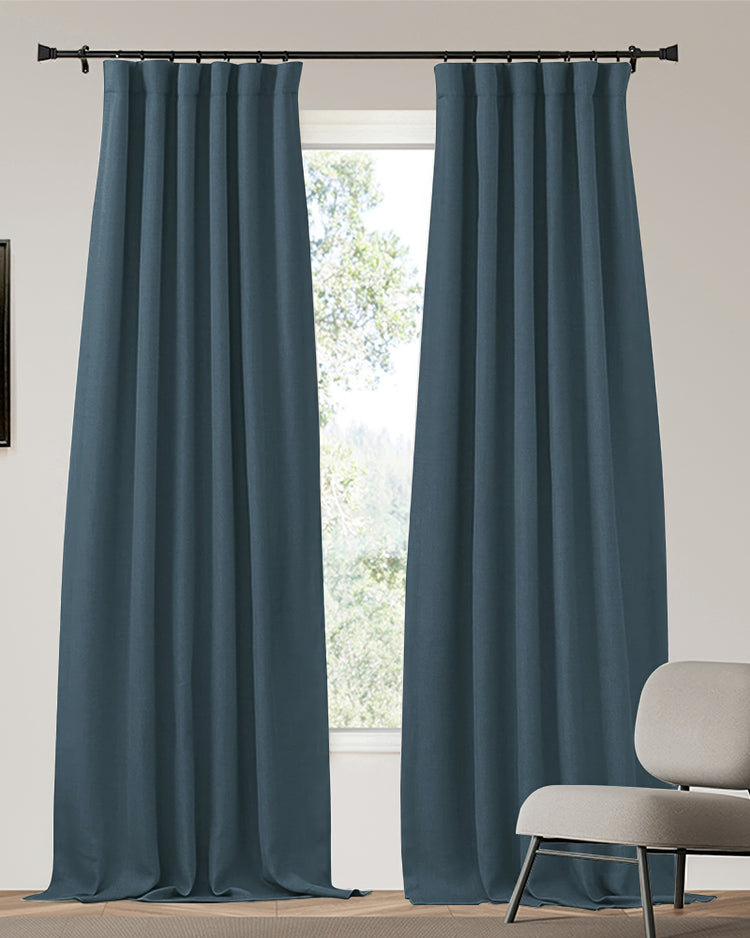 Zoe deep teal custom blackout curtains, heavyweight linen-look fabric with tailored pleats for soundproofing & thermal insulation.