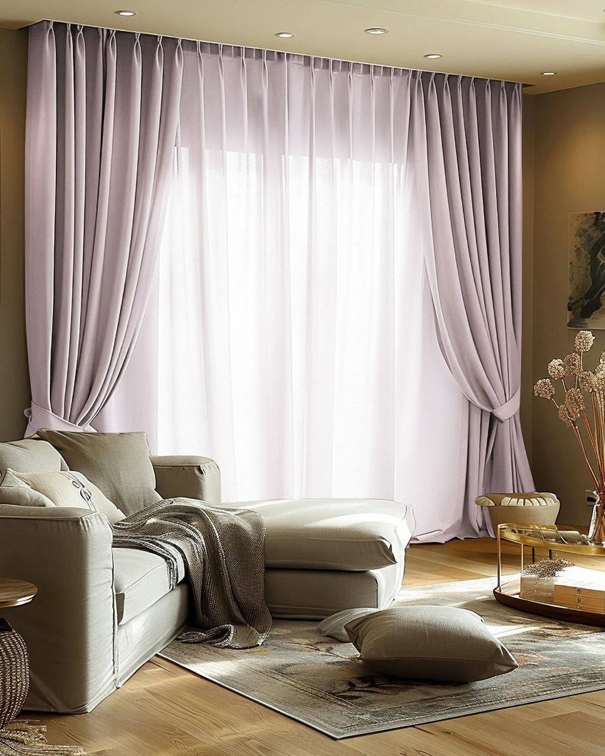 Custom mauve heavyweight velvet blackout curtains with pleated headers, tied back revealing white sheers in an elegant living room setup.