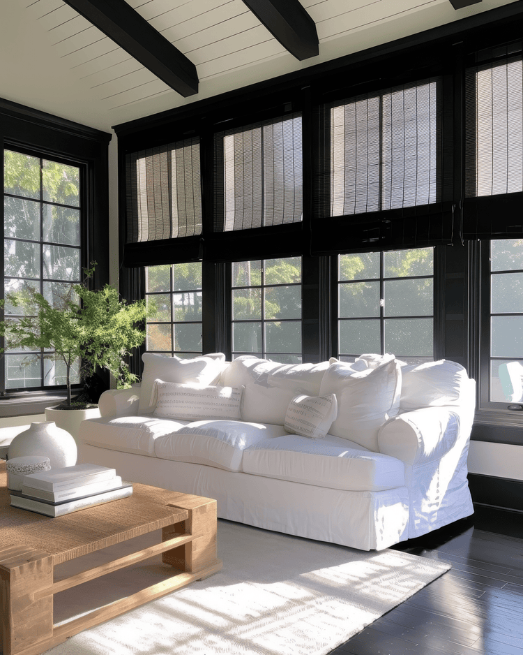 Toni Bamboo Black motorized woven shades on large windows filtering sunlight in a bright living room with a white sofa and dark floors.