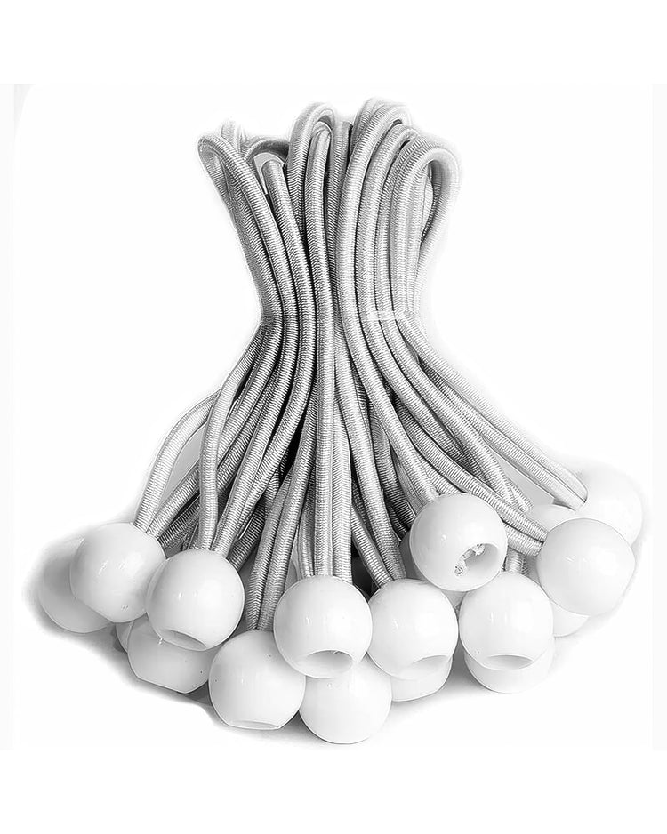 Grey heavy-duty ball bungee cords with white plastic balls, bundled for versatile tarp tie-downs and securing outdoor items.