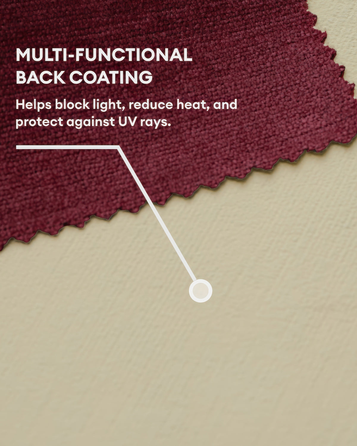 Burgundy heavyweight velvet custom curtain fabric with multi-functional light-blocking, heat-reducing, UV-protective back coating.