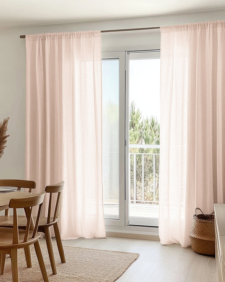 Pale pink yarn linen look sheer custom curtains with rod pocket header, offering elegant light filtering & privacy for glass doors.