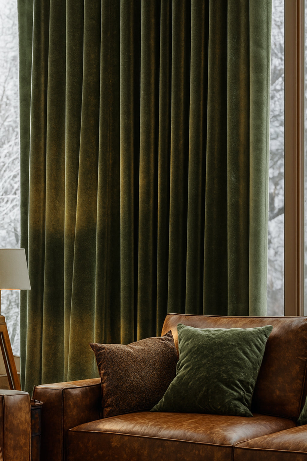Classic olive green luxury velvet custom drapery featuring tailored pleats, complementing a sophisticated home with leather sofa.