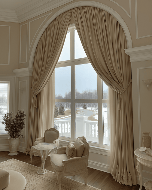 Elegant custom drapes framing a large arched specialty window, featuring luxurious champagne made-to-measure curtains with stylish tiebacks.