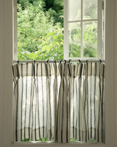 Tailored Cate 100% linen striped custom cafe curtain, perfect for privacy, light control, and sophisticated home decor.
