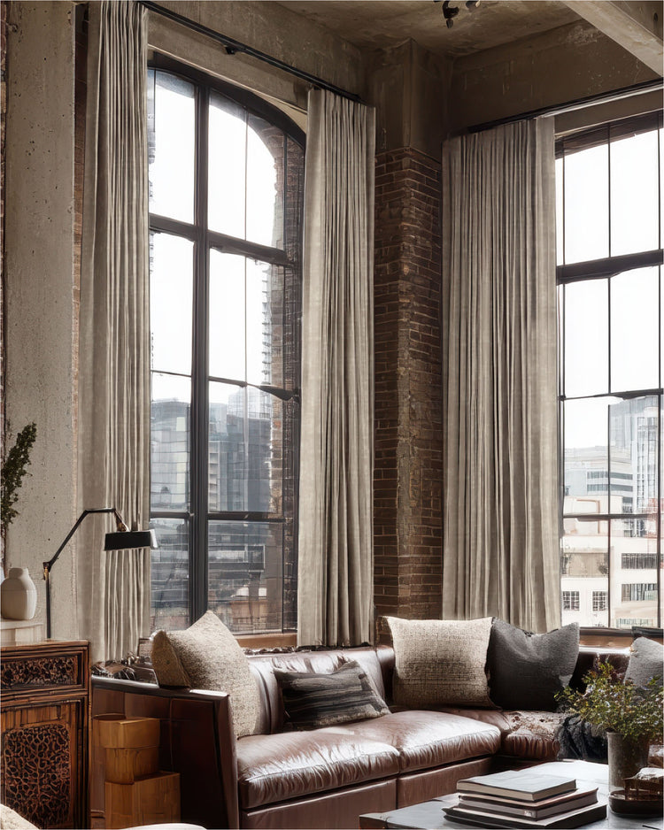 Glimmer 100% blackout linen blend custom curtains hang in a sophisticated industrial living room, offering privacy & light control.