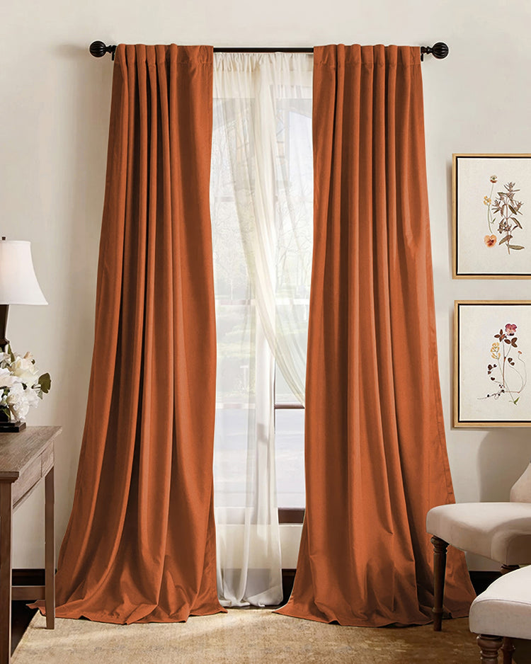 Premium rust pleated custom blackout curtains with sheers. 4-layer, thermal, soundproof drapery for elegant home window treatments.