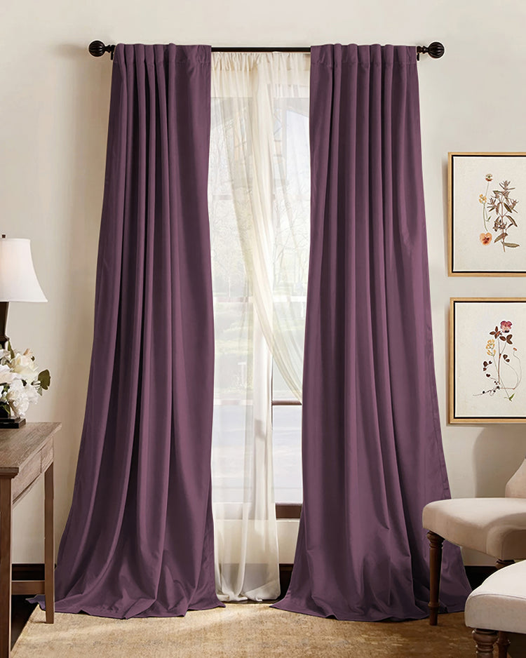 Plum custom blackout curtains, layered with sheers, providing 100% light control, soundproof, and thermal insulation for home decor.