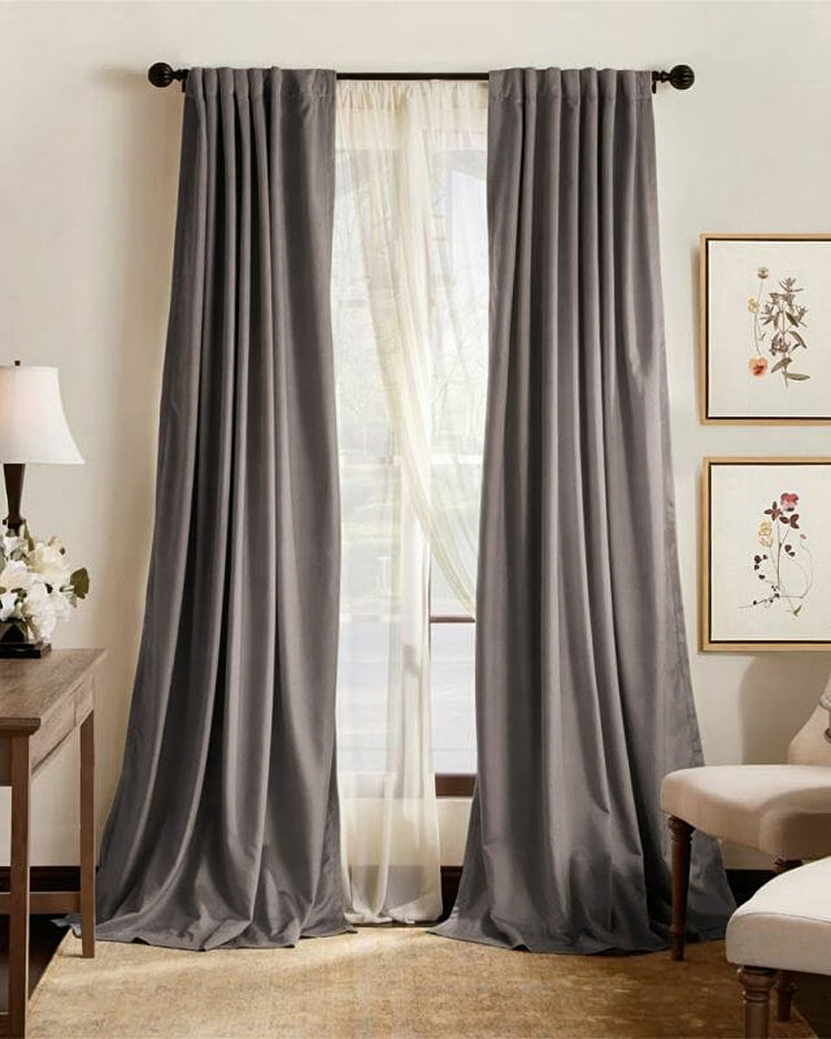 Charcoal custom blackout curtains with sheer drapery, showcasing premium thermal and soundproof window treatments for elegant home decor.