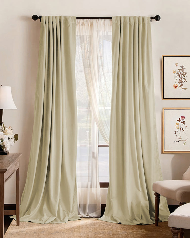 Light beige 100% blackout thermal custom curtains with sheer drapes and pleated header on a window, for premium home decor.