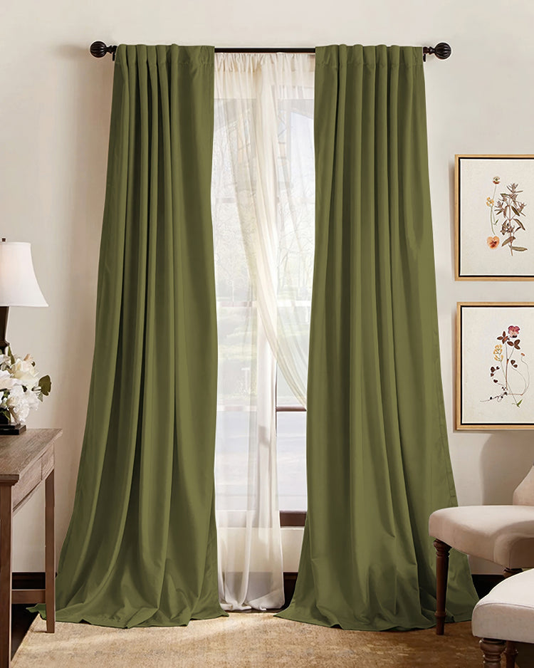 Olive green custom blackout drapery, gathered header style, layered over sheers for sophisticated home decor, privacy & light control.