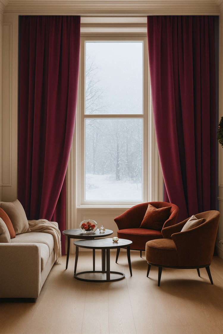 Luxurious deep red custom blackout drapery for sophisticated home decor, ensuring thermal, soundproof & light control.