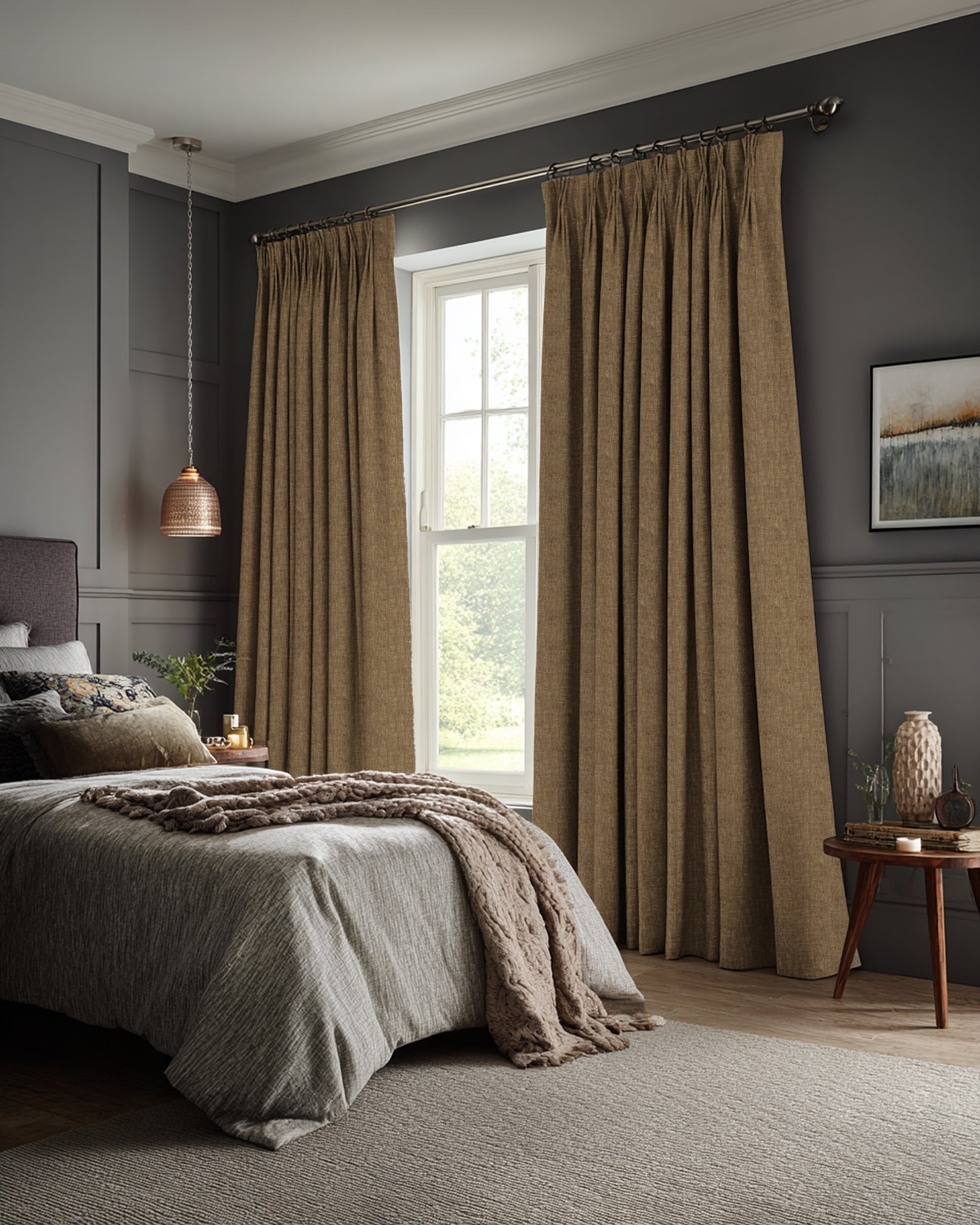 Kensington Linen Look Custom Curtain Brown Bedroom