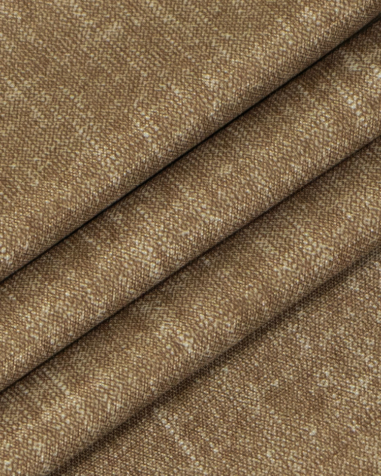Warm tan OEKO linen-look blackout custom curtain fabric with a subtle, textured weave and smooth, flowing folds.