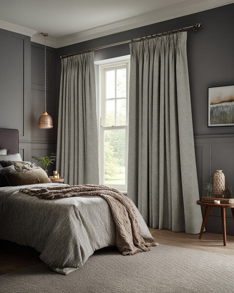 Kensington 100% blackout custom curtains, grey linen look, perfectly tailored in a modern bedroom for light control.