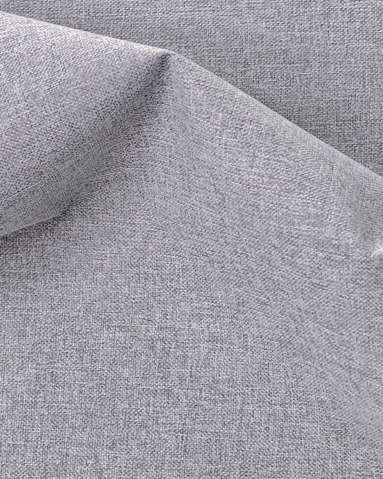 Grey Linden NFPA 701 IFR 100% blackout curtain fabric swatch showing a tight, high-quality linen-like texture.