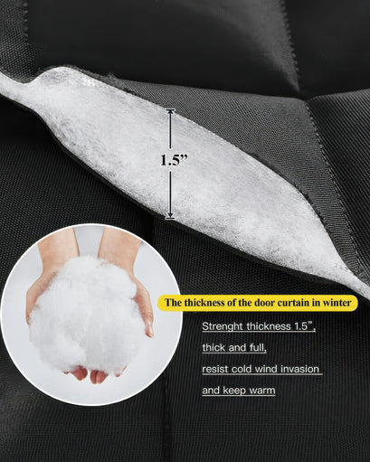 Close-up showing 1.5-inch thick thermal insulation padding inside black Oxford magnetic door curtain. Hands hold insulation sample.