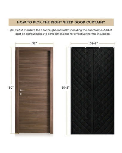 Measuring guide for custom magnetic door curtain; compares door (32x80) to recommended thermal insulated & soundproof curtain (34x82).