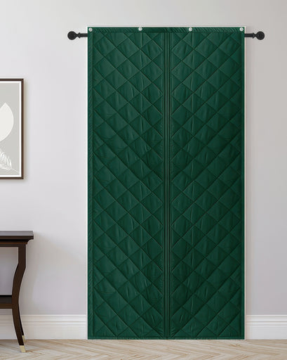 Dark green quilted custom magnetic door curtain with diamond pattern, thermal insulated & soundproof, hanging on a black rod