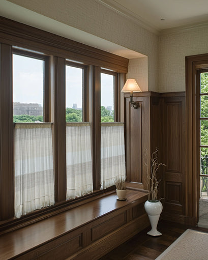 Custom raw linen blend striped patterned semi-sheer cafe curtains in a classic room, complementing dark wood window frames and built-in bench.