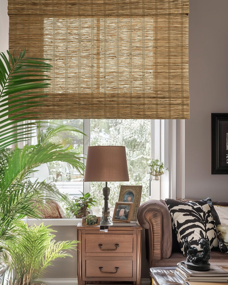 Custom Rumi Hay jute woven roman shade for windows, showcasing natural, coarse texture, filtering light for privacy in home decor.